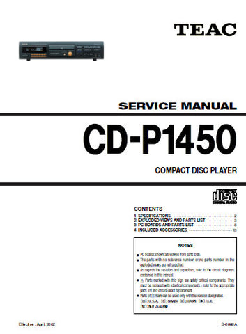 TEAC CD-P1450 CD PLAYER SERVICE MANUAL INC PCBS SCHEM DIAGS AND PARTS LIST 17 PAGES ENG