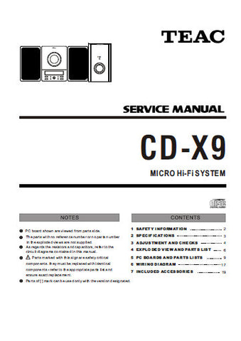 TEAC CD-X9 MICRO HIFI SYSTEM SERVICE MANUAL INC PCBS SCHEM DIAGS AND PARTS LIST 24 PAGES ENG
