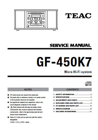 TEAC GF-450K7 MICRO HIFI STEREO SYSTEM SERVICE MANUAL INC PCBS SCHEM DIAGS AND PARTS LIST 25 PAGES ENG