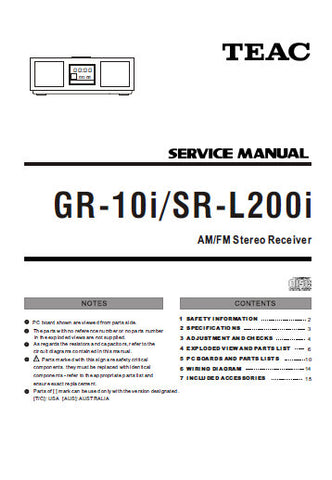 TEAC GR-10i SR-L200i AM FM STEREO RECEIVER SERVICE MANUAL INC PCBS SCHEM DIAGS AND PARTS LIST 19 PAGES ENG