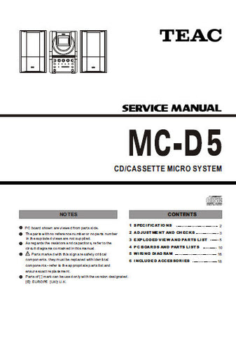 TEAC MC-D5 CD CASSETTE MICRO SYSTEM SERVICE MANUAL INC PCBS SCHEM DIAGS AND PARTS LIST 23 PAGES ENG