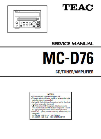 TEAC MC-D76 CD TUNER AMPLIFIER SERVICE MANUAL INC PCBS SCHEM DIAGS AND PARTS LIST 32 PAGES ENG