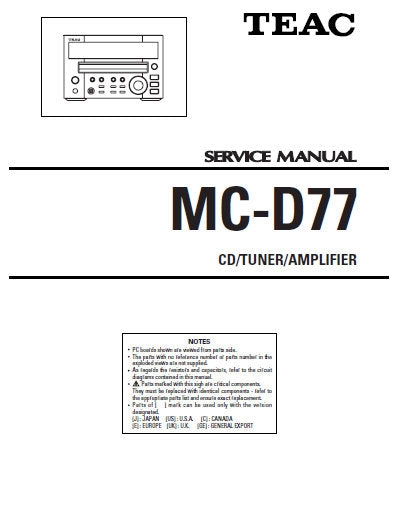 TEAC MC-D77 CD TUNER AMPLIFIER SERVICE MANUAL INC PCBS SCHEM DIAGS AND PARTS LIST 32 PAGES ENG