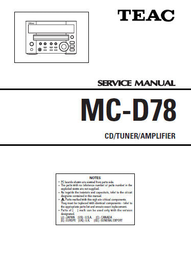 TEAC MC-D78 CD TUNER AMPLIFIER SERVICE MANUAL INC PCBS SCHEM DIAGS AND PARTS LIST 32 PAGES ENG