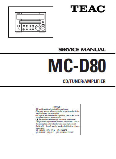 TEAC MC-D80 CD TUNER AMPLIFIER SERVICE MANUAL INC PCBS SCHEM DIAGS AND PARTS LIST 32 PAGES ENG