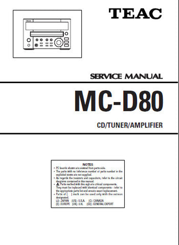 TEAC MC-D80 CD TUNER AMPLIFIER SERVICE MANUAL INC PCBS SCHEM DIAGS AND PARTS LIST 32 PAGES ENG