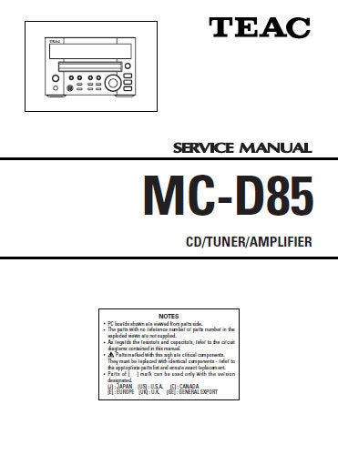 TEAC MC-D85 CD TUNER AMPLIFIER SERVICE MANUAL INC PCBS SCHEM DIAGS AND PARTS LIST 32 PAGES ENG