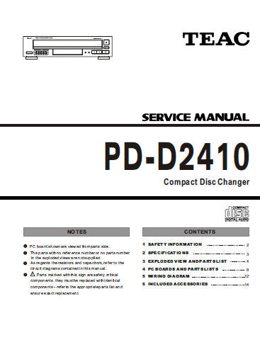 TEAC PD-D2410 CD CHANGER SERVICE MANUAL INC PCBS SCHEM DIAGS AND PARTS LIST 19 PAGES ENG