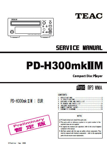 TEAC PD-H300mkII CD PLAYER SERVICE MANUAL INC PCBS SCHEM DIAGS AND PARTS LIST 15 PAGES ENG