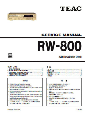 TEAC RW-800 CD REWRITABLE DECK SERVICE MANUAL INC PCBS SCHEM DIAGS AND PARTS LIST 28 PAGES ENG