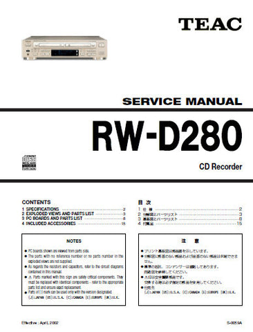 TEAC RW-D280 CD RECORDER SERVICE MANUAL INC PCBS SCHEM DIAGS AND PARTS LIST 20 PAGES ENG JAP
