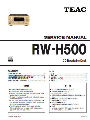 TEAC RW-H500 CD REWRITABLE DECK SERVICE MANUAL INC PCBS SCHEM DIAGS AND PARTS LIST 26 PAGES ENG JAP