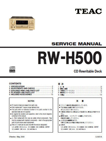 TEAC RW-H500 CD REWRITABLE DECK SERVICE MANUAL INC PCBS SCHEM DIAGS AND PARTS LIST 26 PAGES ENG JAP