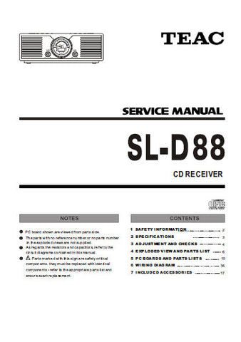 TEAC SL-D88 CD RECEIVER SERVICE MANUAL INC PCBS SCHEM DIAGS AND PARTS LIST 20 PAGES ENG