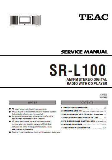 TEAC SR-L100 AM FM STEREO DIGITAL RADIO WITH CD PLAYER SERVICE MANUAL INC PCBS SCHEM DIAGS AND PARTS LIST 23 PAGES ENG