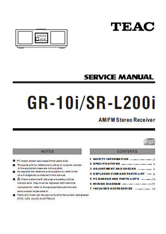 TEAC SR-L200i GR-10i AM FM STEREO RECEIVER SERVICE MANUAL INC PCBS SCHEM DIAGS AND PARTS LIST 19 PAGES ENG