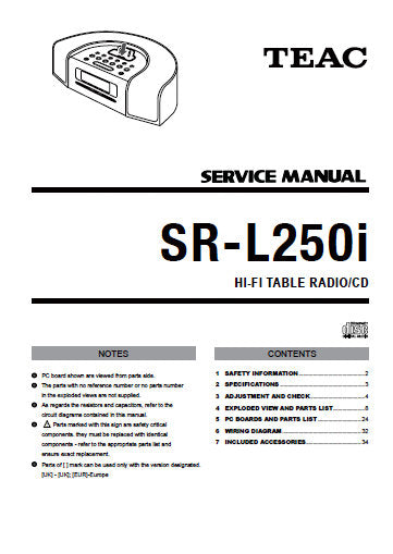 TEAC SR-L250i HIFI TABLE RADIO CD SERVICE MANUAL INC PCBS SCHEM DIAGS AND PARTS LIST 42 PAGES ENG