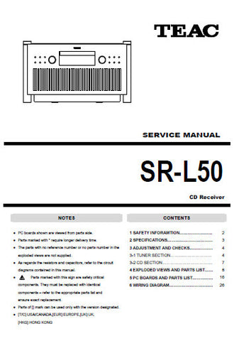 TEAC SR-L50 CD RECEIVER SERVICE MANUAL INC PCBS SCHEM DIAGS AND PARTS LIST 31 PAGES ENG