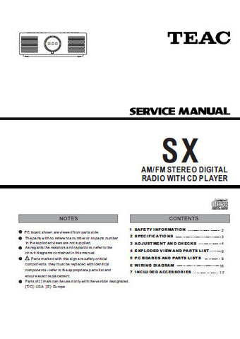 TEAC SX AM FM STEREO DIGITAL RADIO WITH CD PLAYER SERVICE MANUAL INC PCBS SCHEM DIAGS AND PARTS LIST 23 PAGES ENG