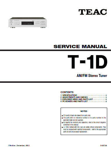 TEAC T-1D AM FM STEREO TUNER SERVICE MANUAL INC PCBS SCHEM DIAGS AND PARTS LIST 12 PAGES ENG