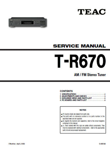 TEAC T-R670 AM FM STEREO TUNER SERVICE MANUAL INC PCBS SCHEM DIAGS AND PARTS LIST 11 PAGES ENG