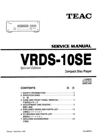 TEAC VRDS-10SE SPECIAL EDITION CD PLAYER SERVICE MANUAL INC PCBS SCHEM DIAGS AND PARTS LIST 26 PAGES ENG