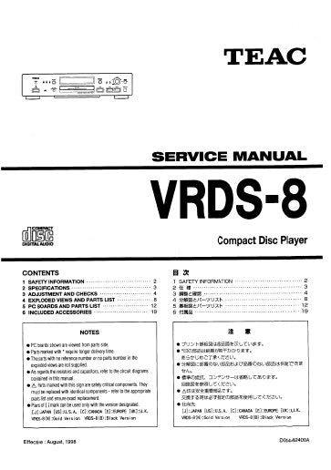 TEAC VRDS-8 CD PLAYER SERVICE MANUAL INC PCBS SCHEM DIAGS AND PARTS LIST 27 PAGES ENG