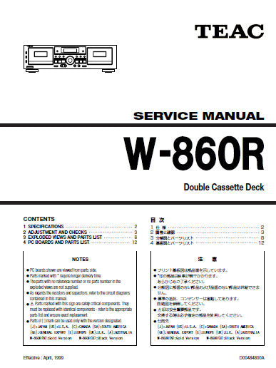 TEAC W-860R STEREO DOUBLE CASSETTE DECK SERVICE MANUAL INC PCBS SCHEM DIAGS AND PARTS LIST 23 PAGES ENG