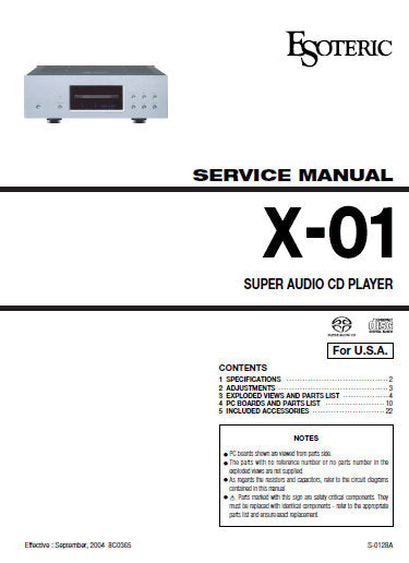 TEAC X-01 ESOTERIC SUPER AUDIO CD PLAYER SERVICE MANUAL INC PCBS SCHEM DIAGS AND PARTS LIST 41 PAGES ENG