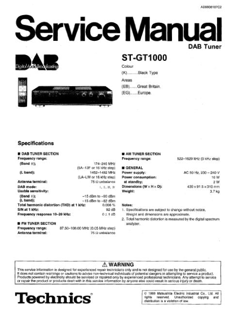 TECHNICS ST-GT1000 DAB TUNER SERVICE MANUAL INC BLK DIAG PCBS SCHEM DIAGS AND PARTS LIST 54 PAGES ENG