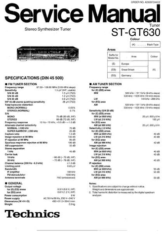 TECHNICS ST-GT630 STEREO SYNTHESIZER TUNER SERVICE MANUAL INC BLK DIAG PCBS SCHEM DIAGS AND PARTS LIST 20 PAGES ENG