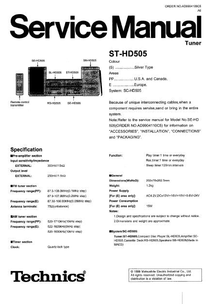 TECHNICS ST-HD505 TUNER SERVICE MANUAL INC BLK DIAG PCBS SCHEM DIAGS AND PARTS LIST 32 PAGES ENG