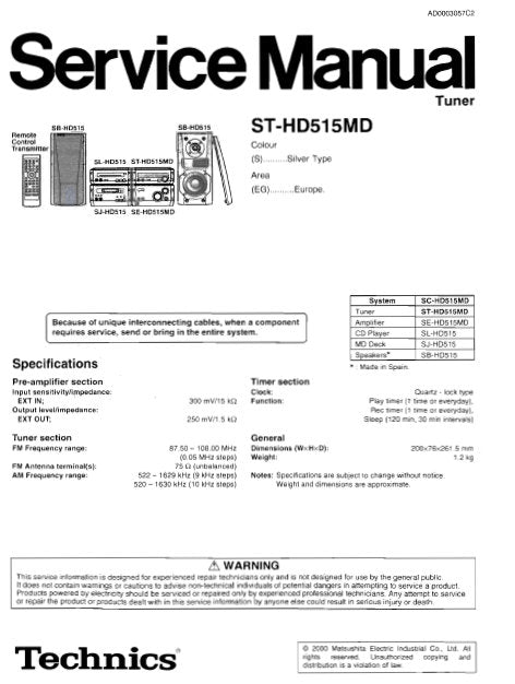 TECHNICS ST-HD515MD TUNER SERVICE MANUAL INC BLK DIAG PCBS SCHEM DIAGS AND PARTS LIST 27 PAGES ENG