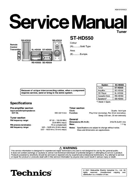 TECHNICS ST-HD550 TUNER SERVICE MANUAL INC BLK DIAG PCBS SCHEM DIAGS AND PARTS LIST 24 PAGES ENG