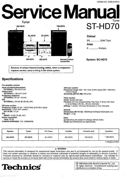 TECHNICS ST-HD70 TUNER SERVICE MANUAL INC BLK DIAG PCBS SCHEM DIAGS AND PARTS LIST 36 PAGES ENG