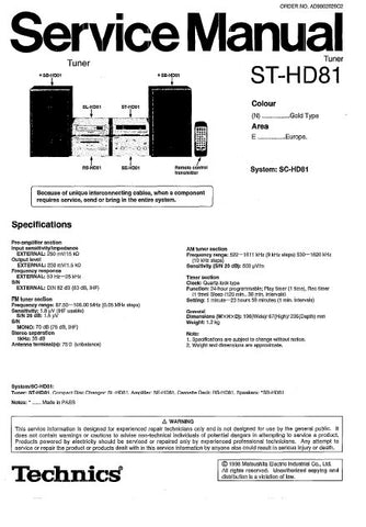 TECHNICS ST-HD81 TUNER SERVICE MANUAL INC BLK DIAG PCBS SCHEM DIAGS AND PARTS LIST 36 PAGES ENG