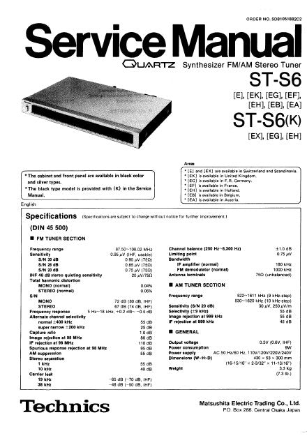TECHNICS ST-S6 ST-S6(K) QUARTZ SYNTHESIZER FM AM STEREO TUNER SERVICE MANUAL INC BLK DIAG PCBS SCHEM DIAGS AND PARTS LIST 23 PAGES ENG