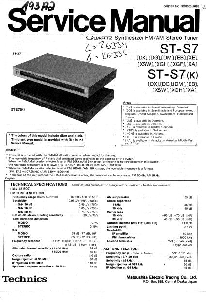 TECHNICS ST-S7 ST-S7(K) QUARTZ SYNTHESIZER FM AM STEREO TUNER SERVICE MANUAL INC BLK DIAG PCBS SCHEM DIAGS AND PARTS LIST 20 PAGES ENG