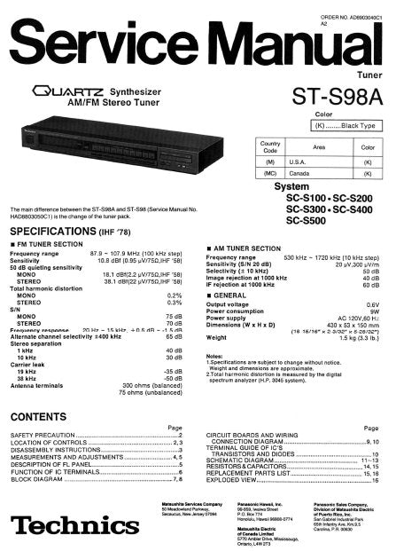 TECHNICS ST-S98A QUARTZ SYNTHESIZER FM AM STEREO TUNER SERVICE MANUAL INC BLK DIAG PCBS SCHEM DIAGS AND PARTS LIST 12 PAGES ENG