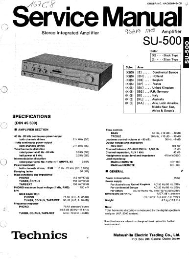 TECHNICS SU-500 STEREO INTEGRATED AMPLIFIER SERVICE MANUAL INC BLK DIAG PCBS SCHEM DIAG AND PARTS LIST 10 PAGES ENG