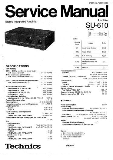 TECHNICS SU-610 STEREO INTEGRATED AMPLIFIER SERVICE MANUAL INC BLK DIAG PCBS SCHEM DIAG AND PARTS LIST 20 PAGES ENG