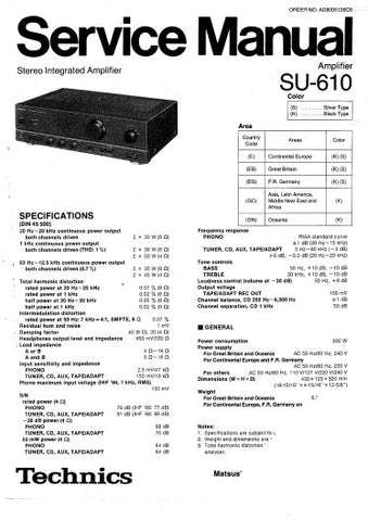 TECHNICS SU-610 STEREO INTEGRATED AMPLIFIER SERVICE MANUAL INC BLK DIAG PCBS SCHEM DIAG AND PARTS LIST 20 PAGES ENG