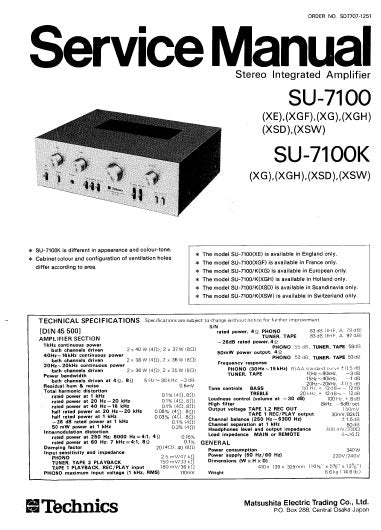 TECHNICS SU-7100 SU-7100K STEREO INTEGRATED AMPLIFIER SERVICE MANUAL INC BLK DIAG PCBS SCHEM DIAG AND PARTS LIST 8 PAGES ENG