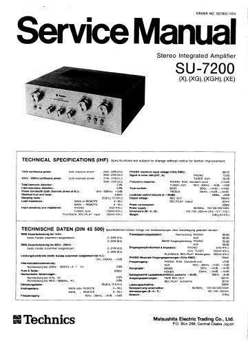 TECHNICS SU-7200 SU-7300 STEREO INTEGRATED AMPLIFIER SERVICE MANUAL INC BLK DIAGS PCBS SCHEM DIAGS AND PARTS LIST 21 PAGES ENG