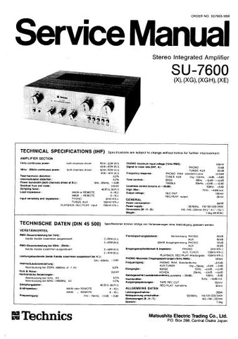 TECHNICS SU-7600 STEREO INTEGRATED AMPLIFIER SERVICE MANUAL INC BLK DIAG PCBS SCHEM DIAG AND PARTS LIST 6 PAGES ENG