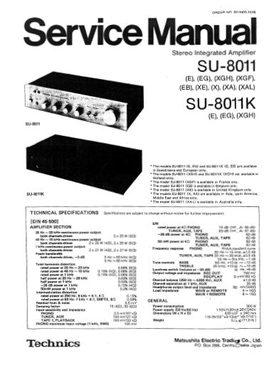 TECHNICS SU-8011 SU-8011K STEREO INTEGRATED AMPLIFIER SERVICE MANUAL INC BLK DIAG PCBS SCHEM DIAG AND PARTS LIST 16 PAGES ENG