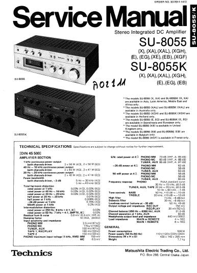 TECHNICS SU-8055 SU-8055K STEREO INTEGRATED DC AMPLIFIER SERVICE MANUAL INC BLK DIAG PCBS SCHEM DIAG AND PARTS LIST 14 PAGES ENG