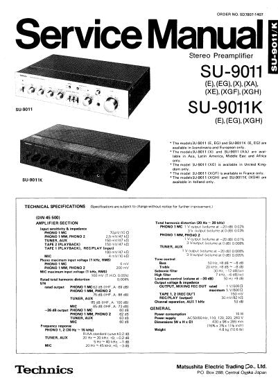 TECHNICS SU-9011 SU-9011K STEREO PREAMPLIFIER SERVICE MANUAL INC BLK DIAG PCBS SCHEM DIAG AND PARTS LIST 11 PAGES ENG