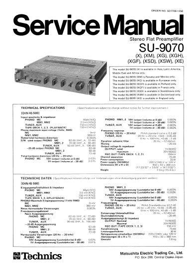 TECHNICS SU-9070 STEREO FLAT PREAMPLIFIER SERVICE MANUAL INC BLK DIAG PCBS SCHEM DIAG AND PARTS LIST 19 PAGES ENG