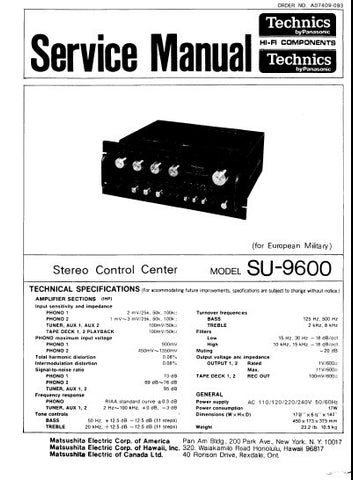 TECHNICS SU-9600 STEREO CONTROL CENTER SERVICE MANUAL INC BLK DIAG PCBS SCHEM DIAG AND PARTS LIST 12 PAGES ENG